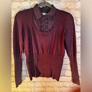 Worthington Burgundy Ruffled Fitted Top with Peter Pan Collar
